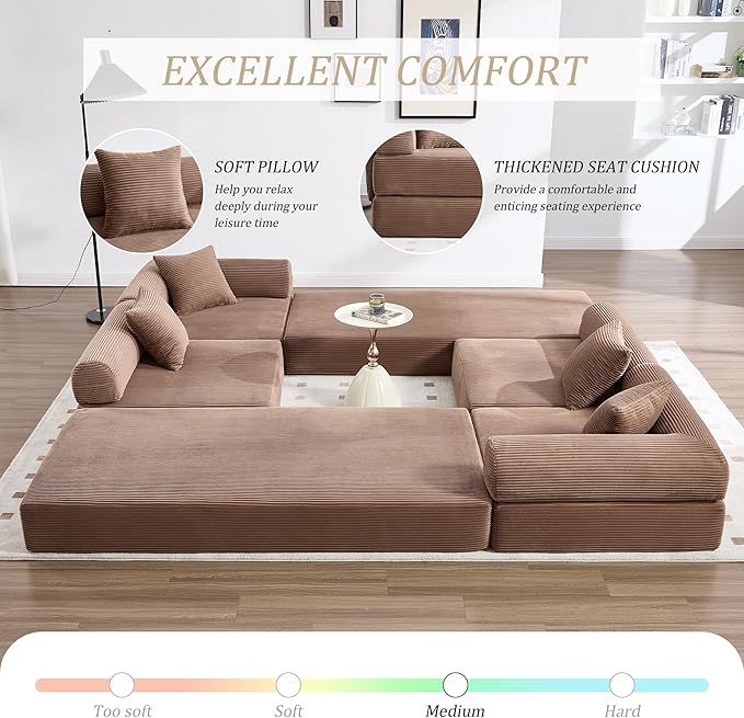 106" Oversized Convertible Sleeper Sofa Bed, Corduroy L Shape Sectional Couch, Folding Sofa Bed with Side Pocket, Modern Cloud Floor Mattress Couch, Modular Sofa for Living Room, Brown