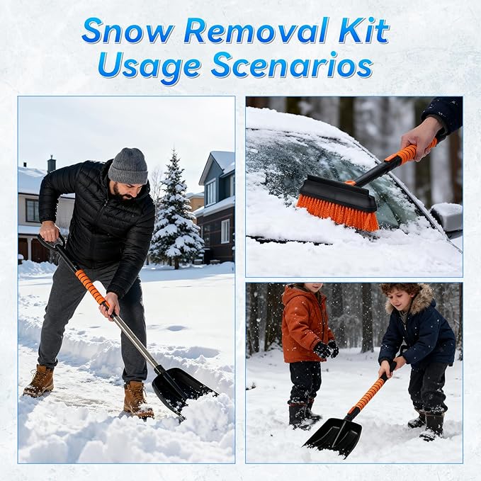 6 in 1 Snow Shovel & Snow Brush with Windshield De-Icer & Ice Scraper for Cars, Trucks, SUVs,40" Extendable & Bendable Thicken Aluminum Tube for Easy Roof Cleaning,180° Pivoting Head & EVA Grip