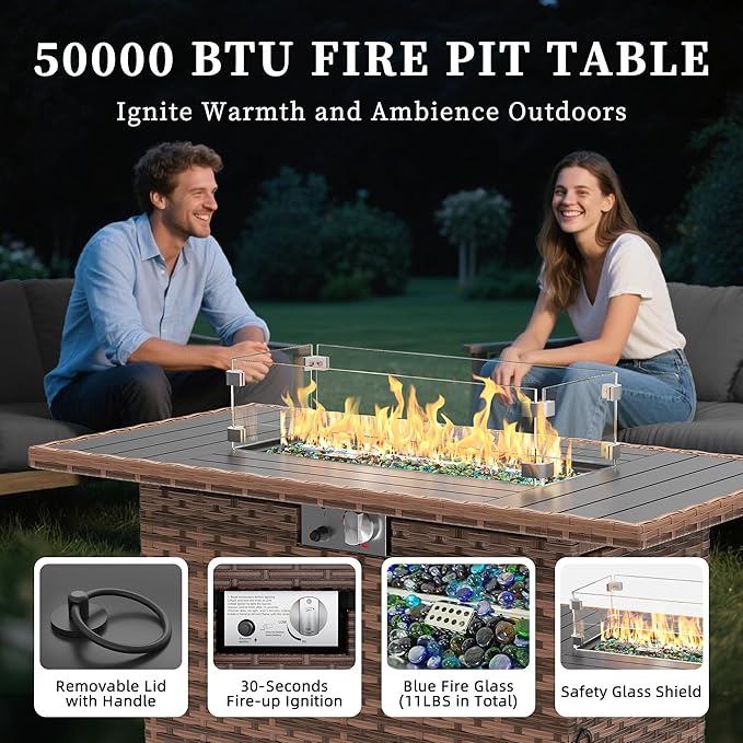 UDPATIO Patio Furniture Set with Fire Pit Table, Rocking Swivel Chairs, 5 Pieces Outdoor Furniture Sets, All-Weather Wicker Outdoor Sectional Sofa with Waterproof Cover, 4'' Thickened Cushion, Grey
