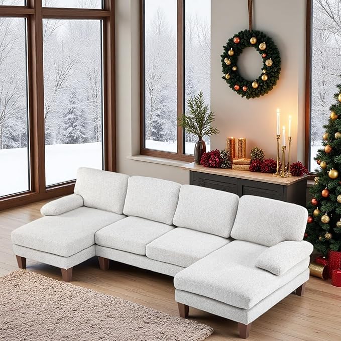 VINGLI 110' U-Shaped Sectional Couch with Two Chaise, Affordable Small Sofa with 4 Seats, Chenille Fabric Comfy Couches for Living Room, Beige