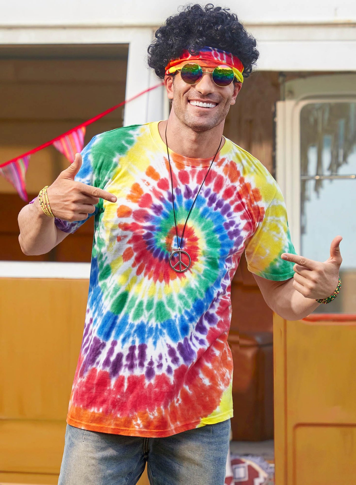 Mainfini Hippie Costume for Men Women Comfortable 60s 70s Outfits Carnival Tie Dye Peace Novelty Theme Party Glasses XL