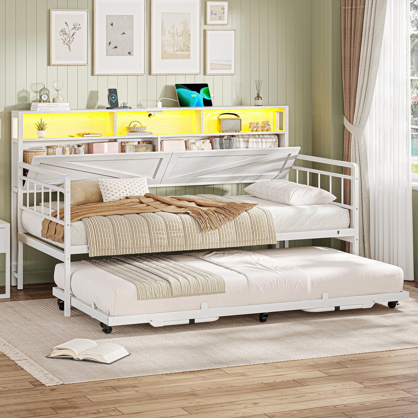 VIAGDO Day Bed with Trundle Bed Twin, Wood Day Bed with Hidden Storage Headboard, Farmhouse Daybed with Charging Station and LED Lights, Twin to King Daybed for Living Room, Guest Room, White