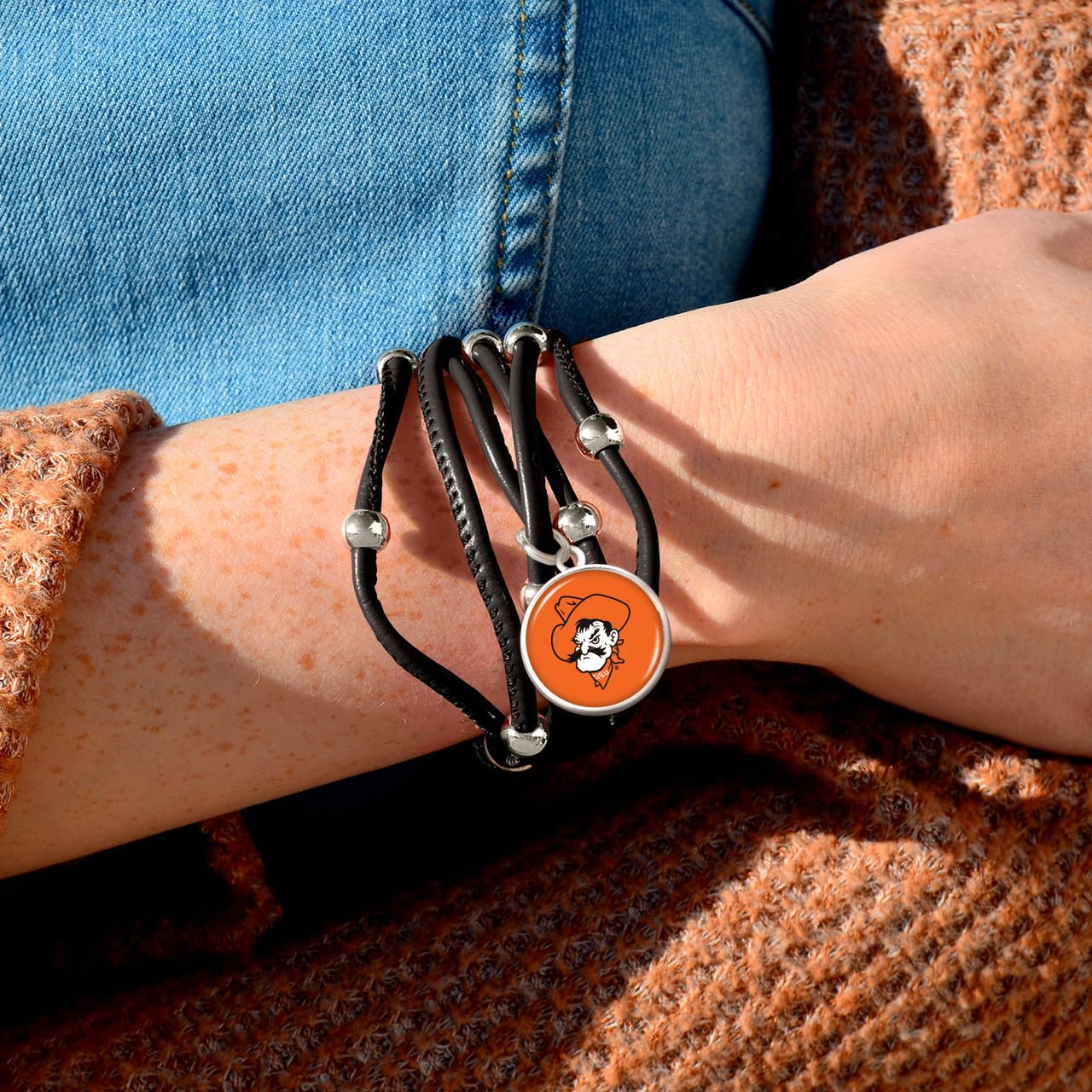 From The Heart Leather College Charm Bracelet for Women - College Game Day Jewelry for Sports Fans (Oklahoma State)
