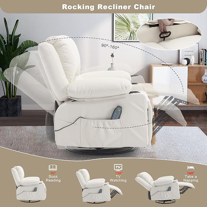 Massage Swivel Rocker Recliner with Lumbar Heat, Overstuffed PU Leather Recliners for Living Room, Modern Single Rocking Chair for Adults, Manual Rocker Recliner with Cup Holders for Bedroom, White
