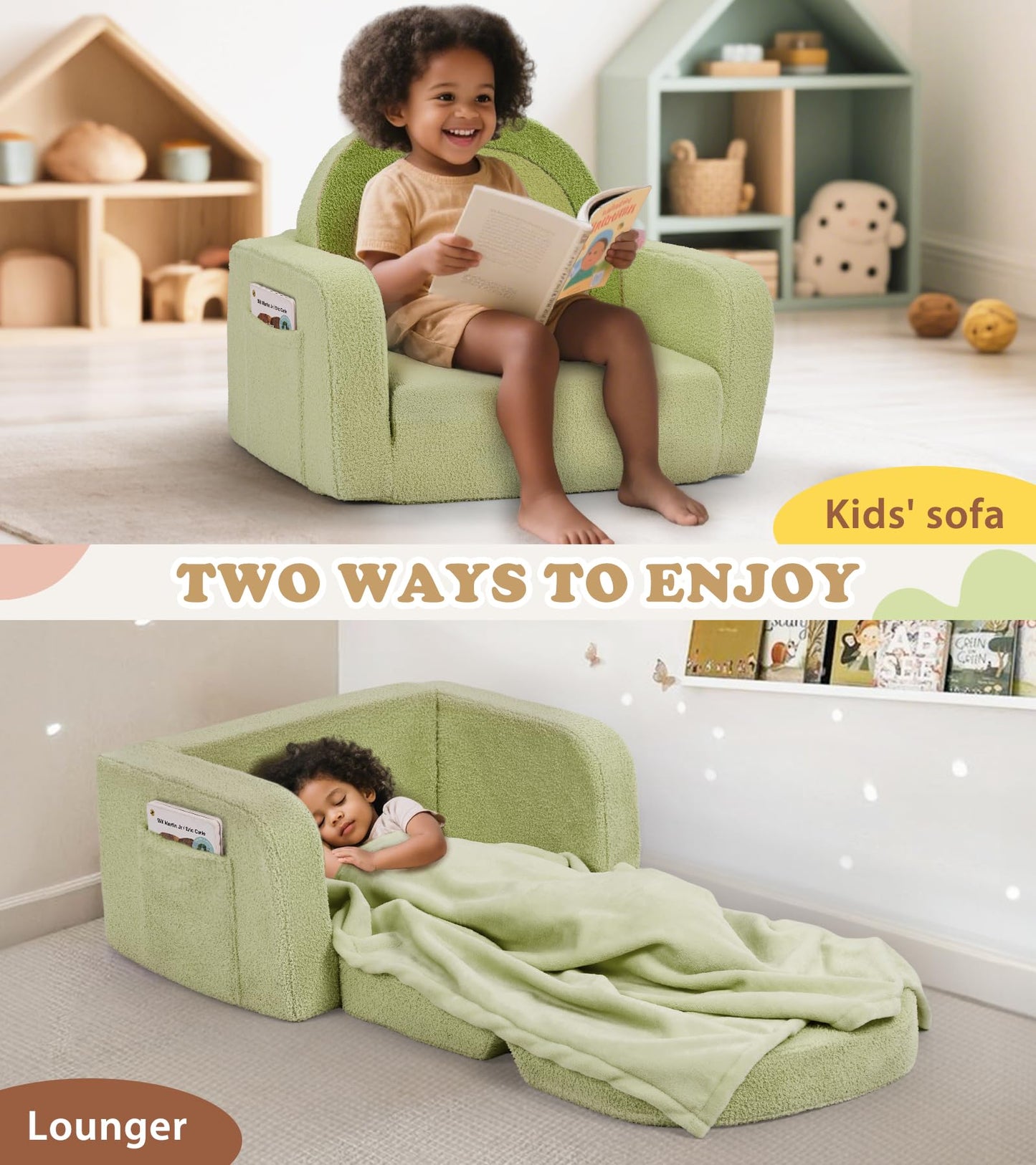 Kids Couch, 2-in-1 Soft Toddler Couch Fold Out with Blanket, Comfy Toddler Chair, Convertible Sofa to Lounger, Convertible Sofa to Lounger, Gifts for Kids Girl Boys, Medium Green Rainbow