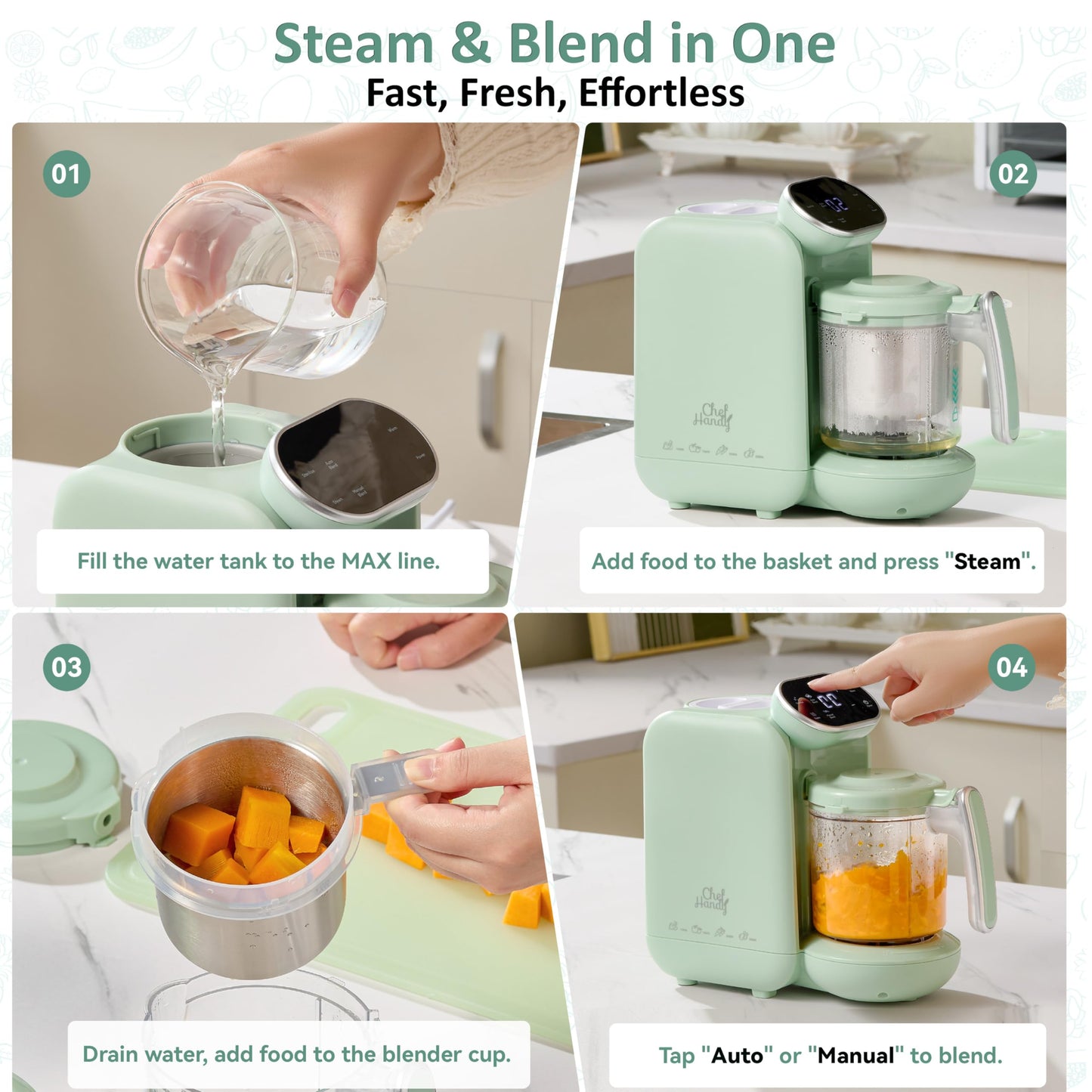 Chefhandy Baby Food Maker with Stainless Steel Steam Basket, One Step 5-in-1 Baby Food Processor Steamer Blender & Steam Cleaning, Auto Cooking, Puree & Baby Warmer with 6 Food Pouches, BPA-Free,Green