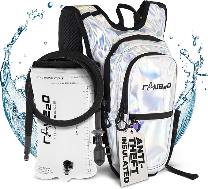 Rave2o Rave Hydration Backpack – Anti-Theft Festival Hydration Pack with 1.5L Leakproof TPU Bladder – Slim, Insulated Wate...