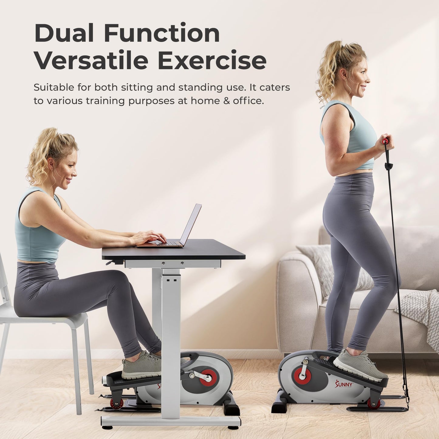 Sunny Health & Fitness Smart Elliptical Trainer, Heavy-Duty Exerciser w/Resistance Bands for Leg & Arm Exercise, Home/Office Senior Training Machine, Exclusive SunnyFit App Bluetooth Link–SF-E323054