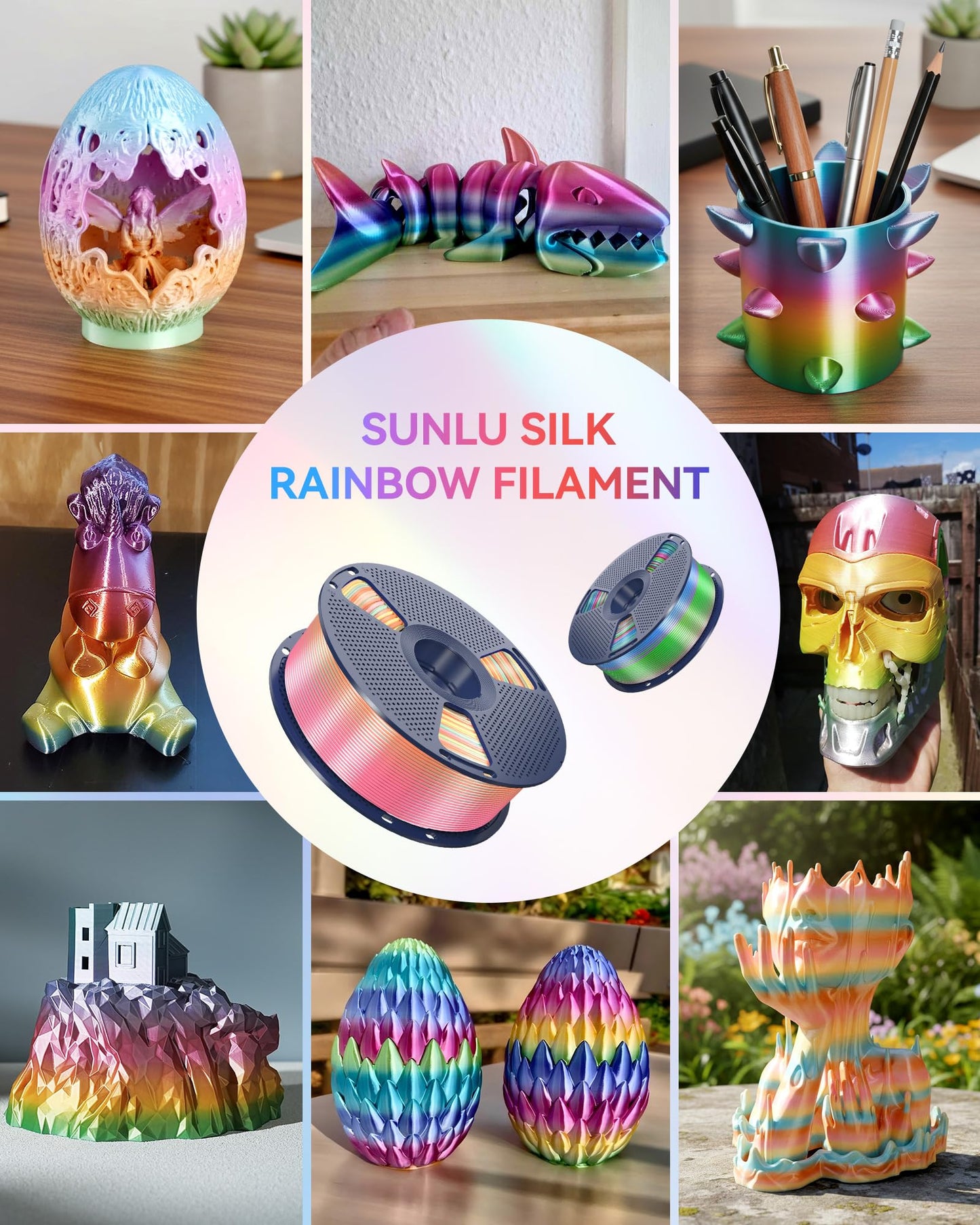 SUNLU Silk Rainbow PLA Filament 1.75mm, Multicolor Gradient 3D Filament, Neatly Wound Shiny Silk 3D Printer Filament, Dimensional Accuracy +/-0.02mm, 1KG Spool(2.2 lbs), Rainbow Silk 04