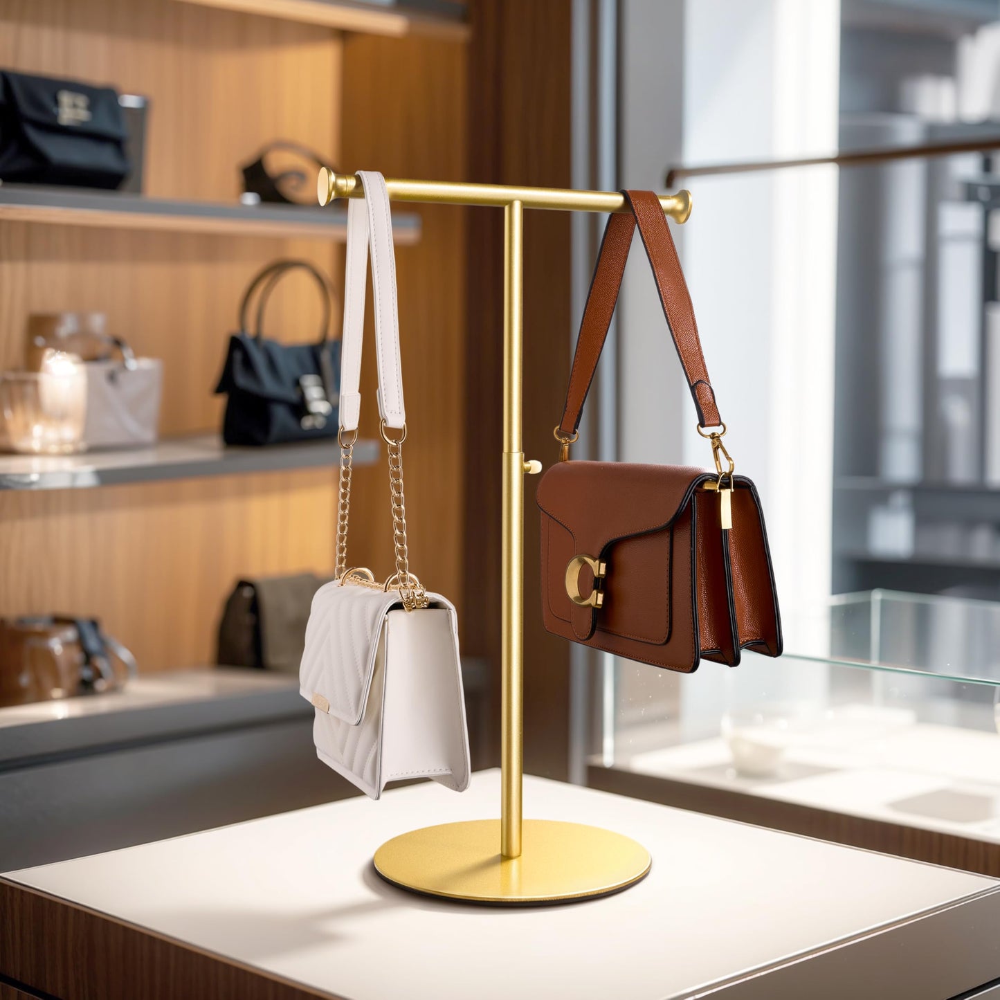 niffgaff T Bar Purse Display Stand Tabletop: Adjustable Height Handbag Holder, Countertop Hanging Rack for Long Necklace Scarf Lanyard, Gold