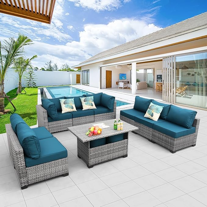 Rattaner Patio Furniture Sectional Sofa Set 9 Pieces Outdoor Wicker Furniture Couch Large-Size Storage Table with Thicken(5") Anti-Slip Peacock Blue Cushions