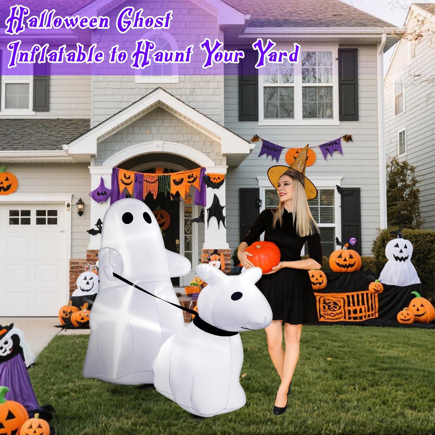 Leyndo 5 ft Halloween Inflatables Ghost Walking Dog Outdoor Decoration Halloween Blow up Yard Decorations with Built-in LED Lights for Garden Lawn Patio Holiday Party Decor