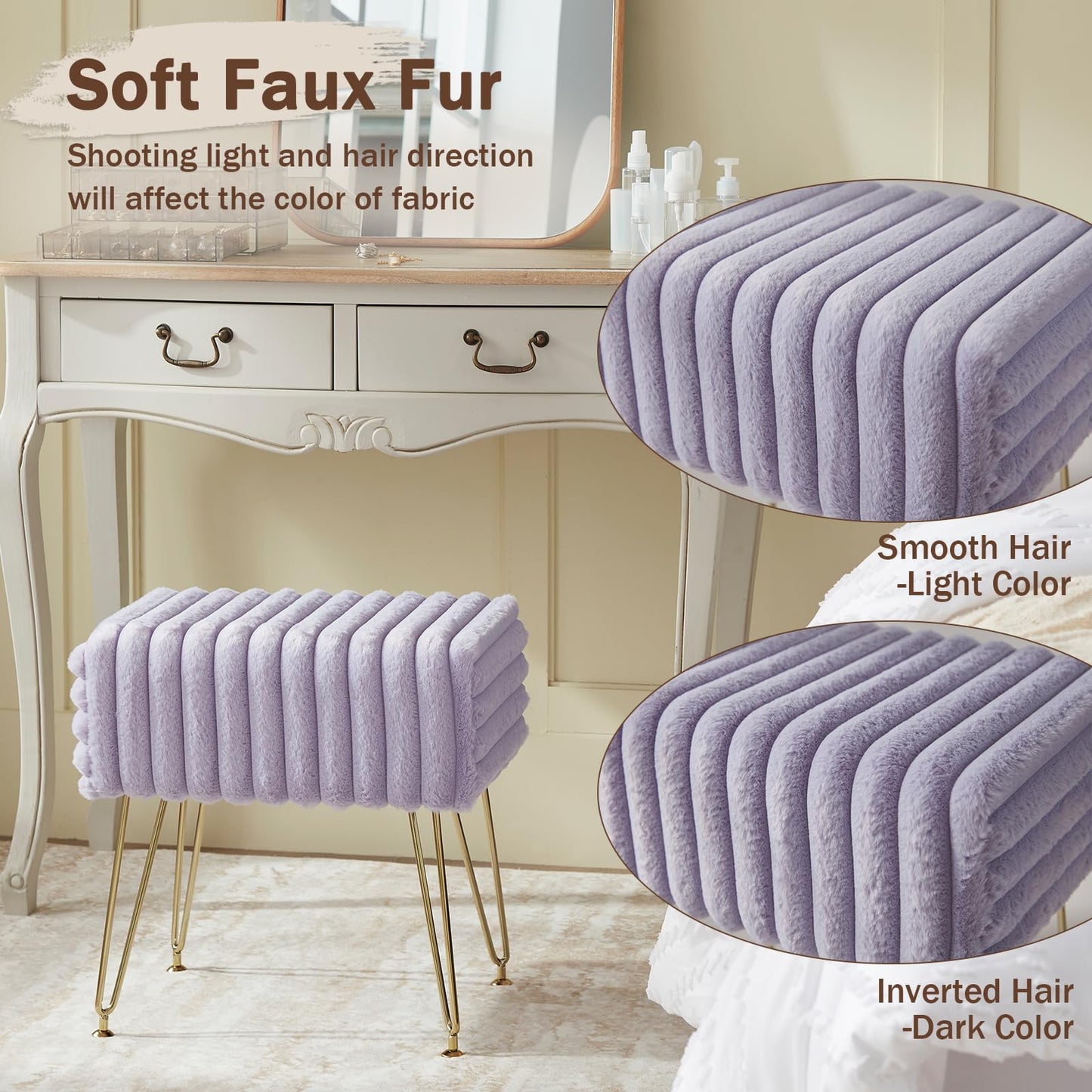EBENCHICO Vanity Stool Chair,Foot Stools Ottoman,Faux Fur Step Stools,Vanity Stool for Makeup,Make up Chairs for Vanity,Vanity Small Bench Seat Storage