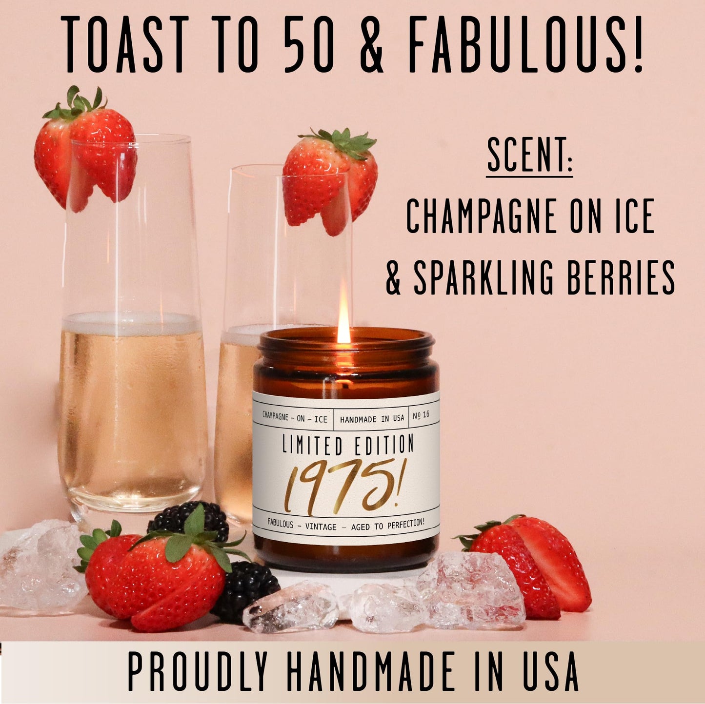 50th Birthday Gifts for Her, 50th Birthday Gifts for Women - 'Limited Edition 1975' Soy Candle, w/Champagne on Ice I 50 Year Old Gifts for Women I 9oz Reusable Jar, 50Hr Burn, Made in USA