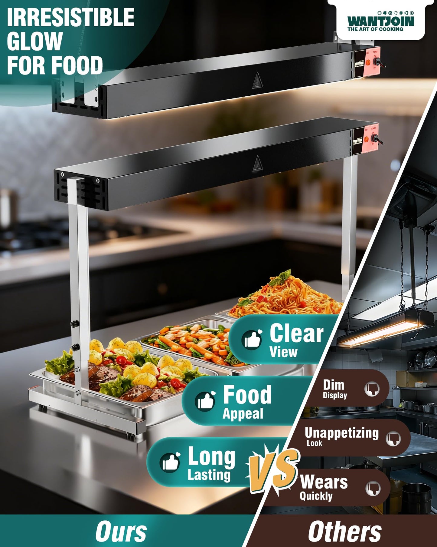 WantJoin Food Heat Lamp 36'' - 1050W Commercial Food Warmer Lamp Overhead Hanging & Standing Electric Strip Heating Lamps for Buffet Catering Restaurant Parties, Black