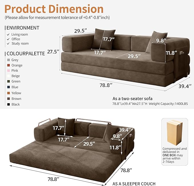 Fancyfire 78.8" Convertible Sofa Bed with Armrest Pillow,4-in-1 Sleeper Couch Bed for Livingroom,Modular Corduroy Boneless couches,No Assembly (Brown)