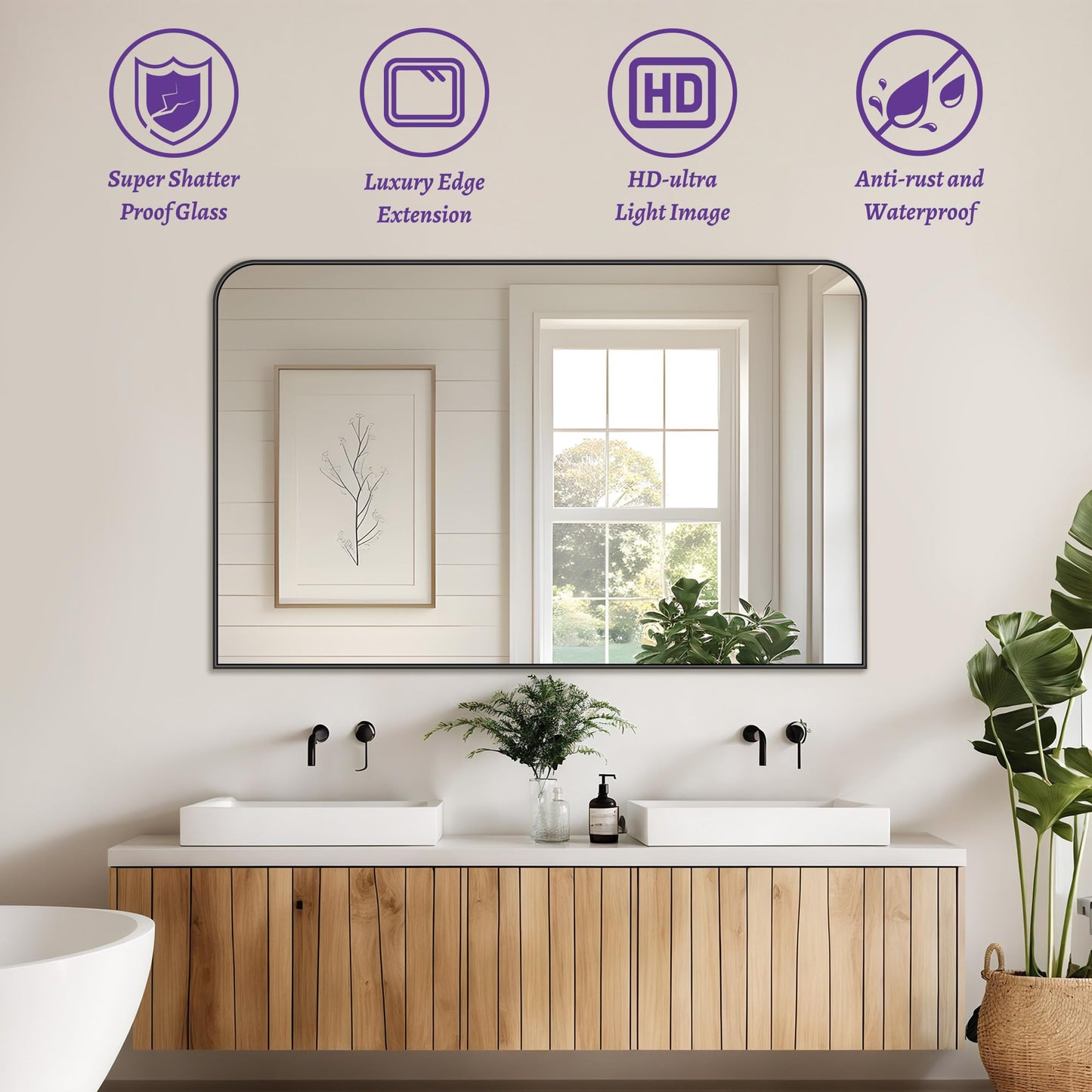 LadyNow Bathroom Mirror, 48x32 Inch Wall Mirror, Black Metal Framed Wall-Mounted Mirrors, Bathroom Vanity Mirror, Mirrors for Over Sink, Bathroom, Living Room, Bedroom, Entryway