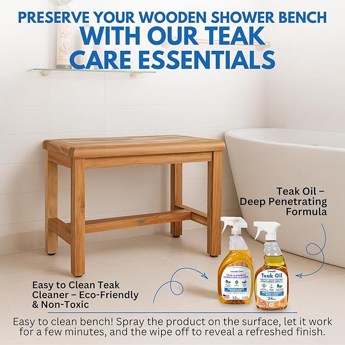 EcoDecors Eleganto 24 Inch Natural Color Waterproof Teak Wood Shower Bench Stool Seat Chair For Inside Shower Provides Safety, Storage, and Organization For Bathroom Accessories