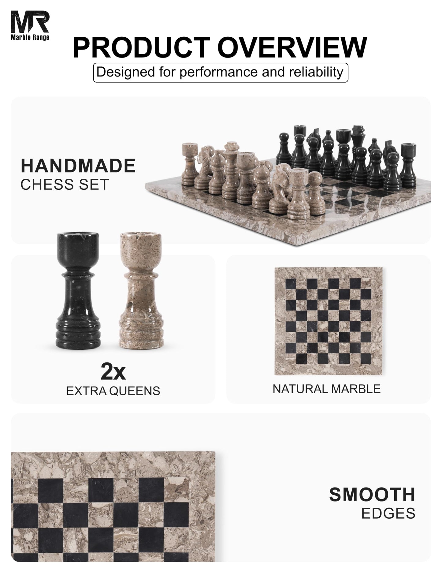 Marble Chess Set for Adults 12" Handmade Oceanic & Black Board Game with 32 Chess Pieces, 2 Extra Queens & Storage Box, Luxury Travel Game, Elegant for Home Decor