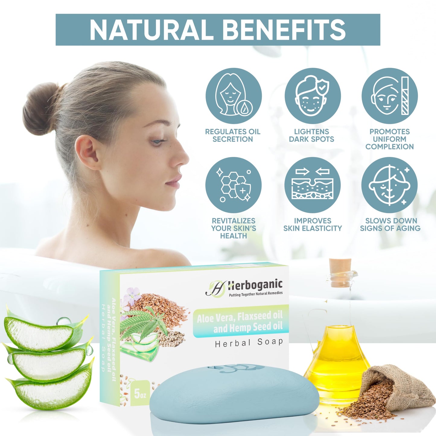 HERBOGANIC Aloe Vera Flaxseed and Hemp seed Herbal Soap | Pack of 3 of 5oz soap Bar | Natural Bar Soap for Face and Body | Hydra