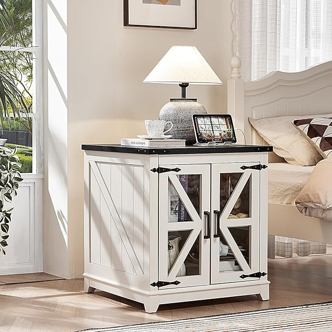 Joaxswe Farmhouse End Table with Charging Station, 24" Large Sofa Side Table with Glass Barn Door,White Nightstand with Adjustable Storage Shelf,Wood Square Bedside Table for Living Room,Bedroom