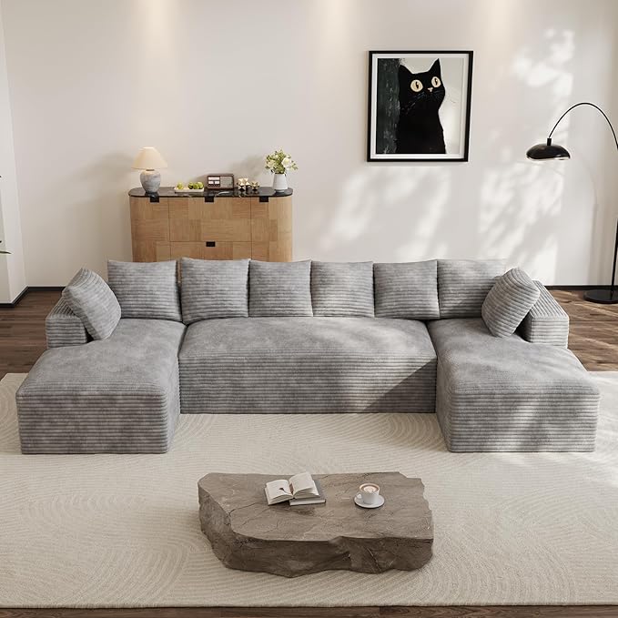 Modular Sectional Sofa, 130" U Shaped Cloud Couch Plush Corduroy Deep Seat Boneless Sofas with 8 Pillows Double Chaise Lounge Sectional Couches with Memory Foam for Living Room - Light Grey