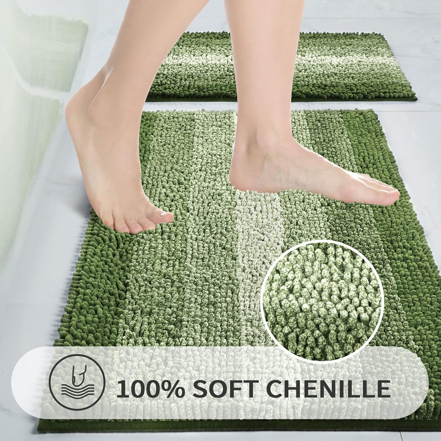 Gibelle Green Bathroom Rugs, Luxury Chenille Bath Mat, Small Non Slip Shower Rug and Bath Room Floor Mats, Machine Washable, Quick Dry Bathmat, Soft Cozy Plush Rug for Tub, 20" x 32"
