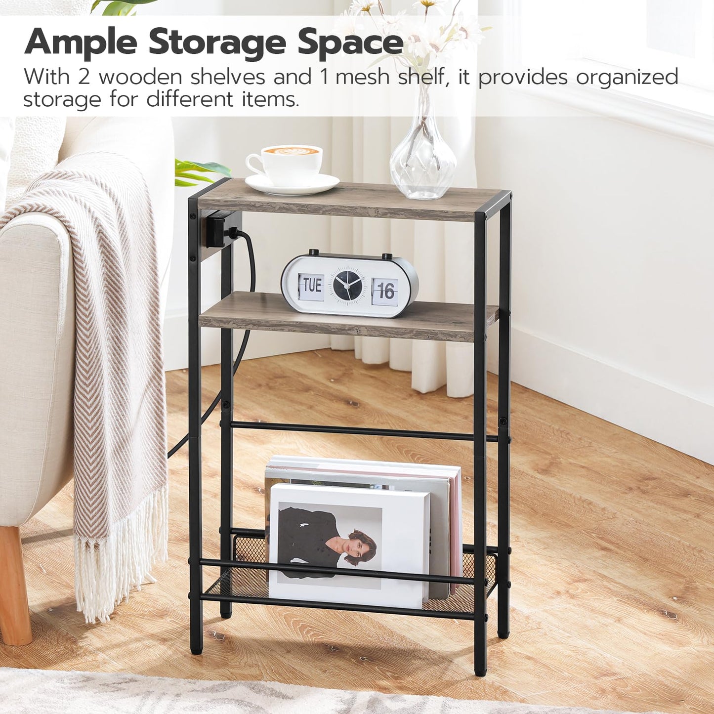 HOOBRO Small Narrow Side Table with Charging Station, Skinny End Table for Small Spaces, Slim Nightstand with USB Ports Outlet, Sofa Beside Table with Storage Shelf, Greige and Black BG102UBZ01