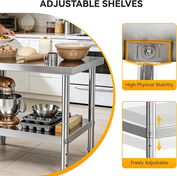 DWVO 30x24in Stainless Steel Table, NSF Metal Prep Worktable with Adjustable Shelf for Kitchen Restaurant Hotel Garage Warehouse Home