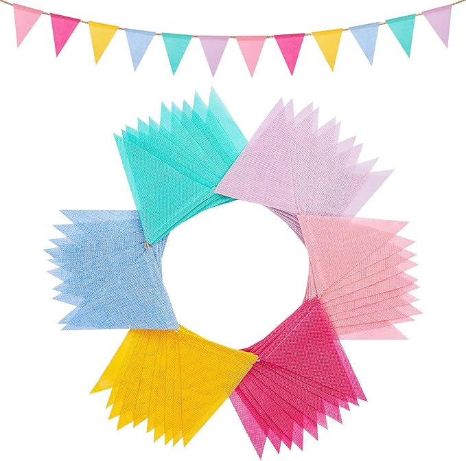 Jutevo 120 Flags/72ft Pennant Banner Flags Garland, Triangle Banner Pennant Flags on a String, Pastel Burlap Pennant Banne...