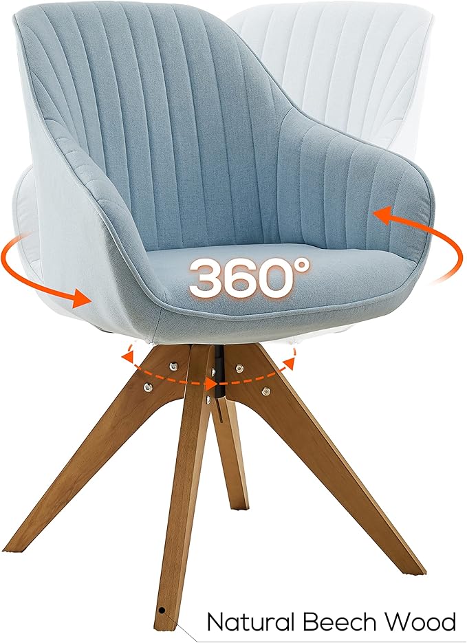 Art Leon Dining Chair, Mid Century Modern Fabric Upholstered Swivel Dining Room Chair with Wood Legs, Leisure Side Chair with Arms for Living Room, Candy Blue