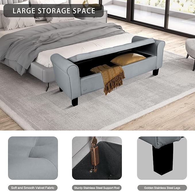 Babion Storage Bench for Bedroom End of Bed, Button Tufted Storage Ottoman Bench 51 Inch, End of Bed Storage Bench with Upholstered, Rolled Arm Window Bench Seat with Solid Wood Legs, Dark Grey