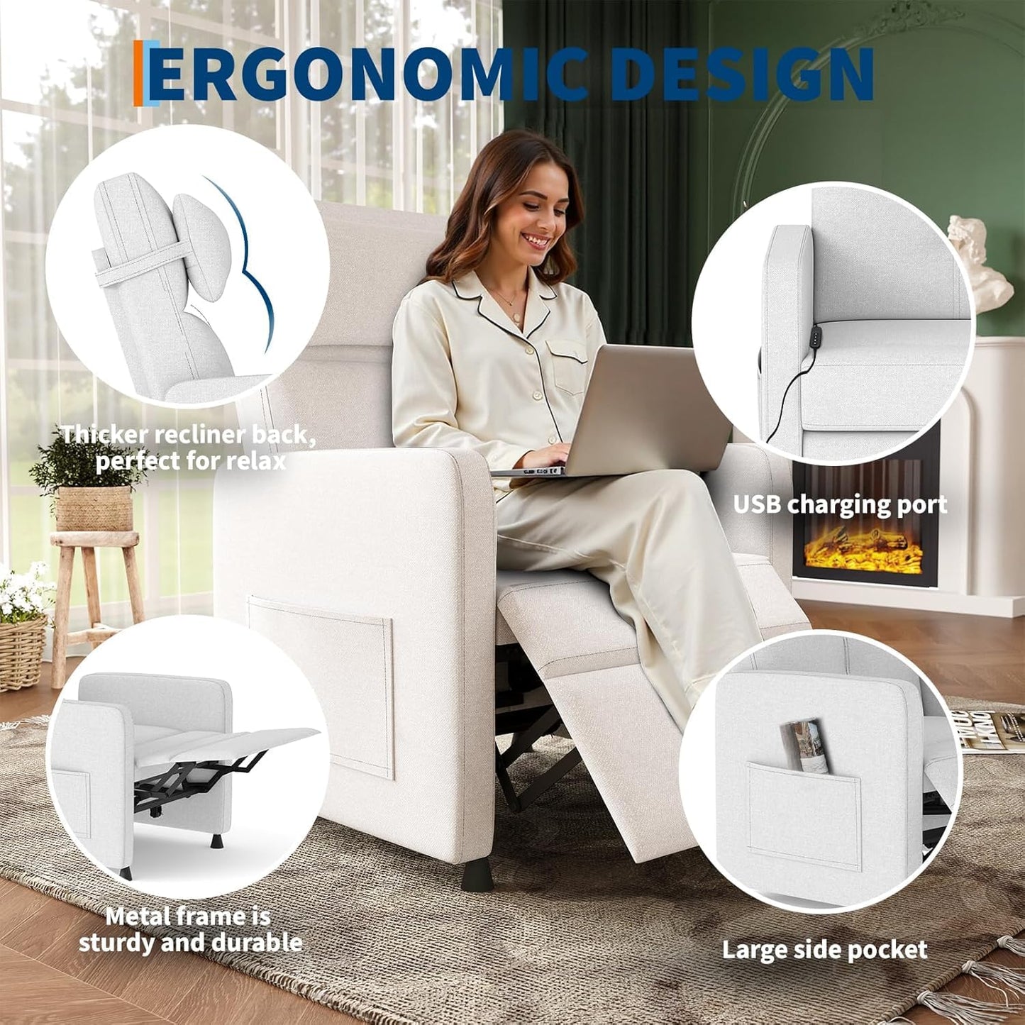 ExploreHorizon Power Recliner Chair with Electric Adjustable Back USB Port & Side Pockets, Single Overstuffed Recliner Chair for Living Room, Bedroom, or Home Theater, Beige White