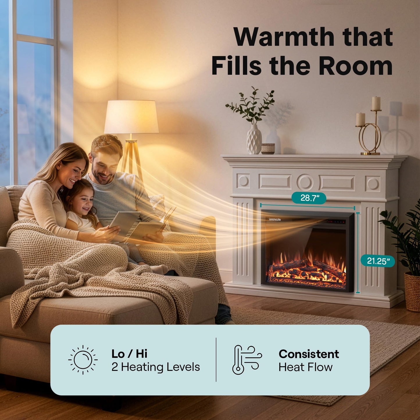 SereneLife Electric Fireplace Insert with Heater | Smart Wi-Fi App Control & Remote | 700W/1500W Adjustable Thermostat with Overheat Protection | 29"x21" Recessed or Wall Mount Design