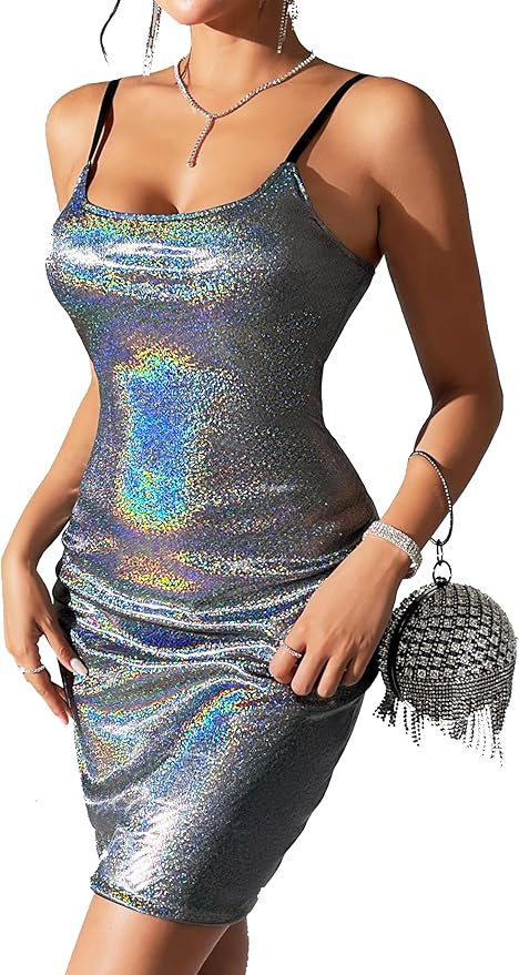 SUQQUE Women's Glitter Sequin Dress Adjustable Spaghetti Strap Fashion Sparkle Party Dresses