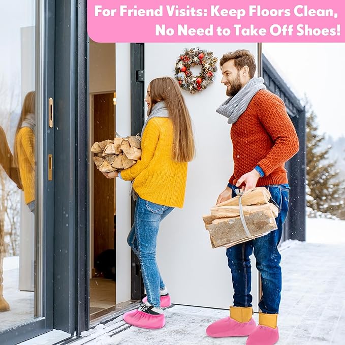 Vabean 1000 Pcs Disposable Shoe Covers Boot Cover Waterproof Nonslip Shoe Protector Covers for Indoor Carpet Floor Workplace Protection, One Size Fit Most(Pink)