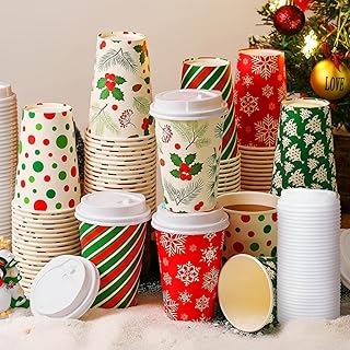 Gerrii 100 Set Christmas Paper Cups Disposable 12 oz with Lids Hot Chocolate Cups Coffee Cups Holiday Hot Cups for Hot and...