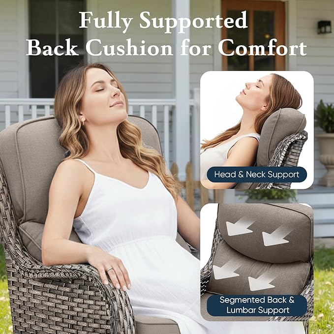 Belord Luxury 6" Thick Cushioned Outdoor Swivel Rocker Patio Chairs Set of 4 with Side Table, High Back Wicker Furniture Set with Ergonomic Zone Back, Conversation Set for Deck Porch - Grey+Grey