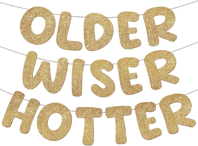 Fulmoon Set of 3 Pre Strung Older Wiser Hotter Glitter Banner Funny Birthday Banner for Women 30th 40th 50th 60th 70th 80t...