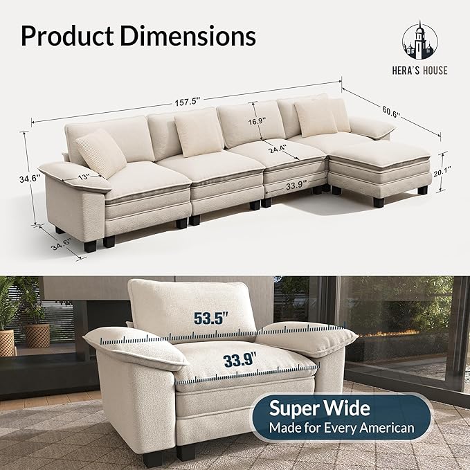 HERA'S HOUSE 158" Modular Sectional Sofa, Oversized L Shaped Couches for Living Room, Comfy Cloud Couch with Ottoman, 5-Seater Deep Seat Sofa with Throw Pillow, Chenille Beige