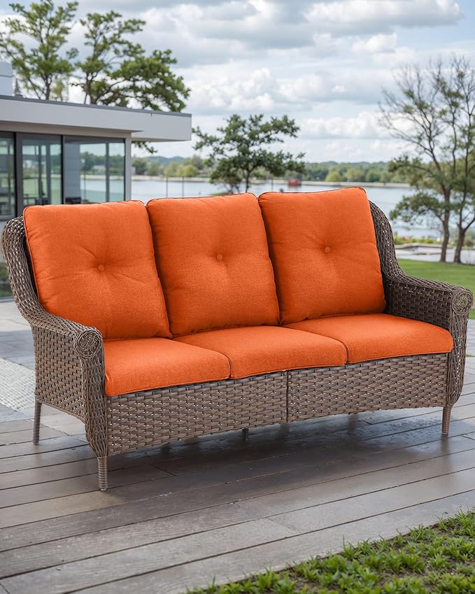 ACTREST Patio Couch Outdoor Wicker Sofa - Heavy Duty All-Weather Brown Rattan 3-Seater with High Back and Comfortable Thick Cushions for Garden Back Porch Poolside Apartment - Orange
