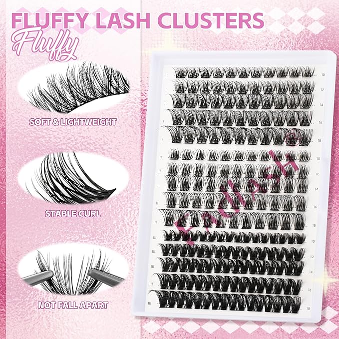 FADLASH Lash Clusters 10-18mm Eyelash Cluster Lashes DIY Lash Extensions D Curl at Home Individual Lashes (K1K2K10-07D-10-18mm)