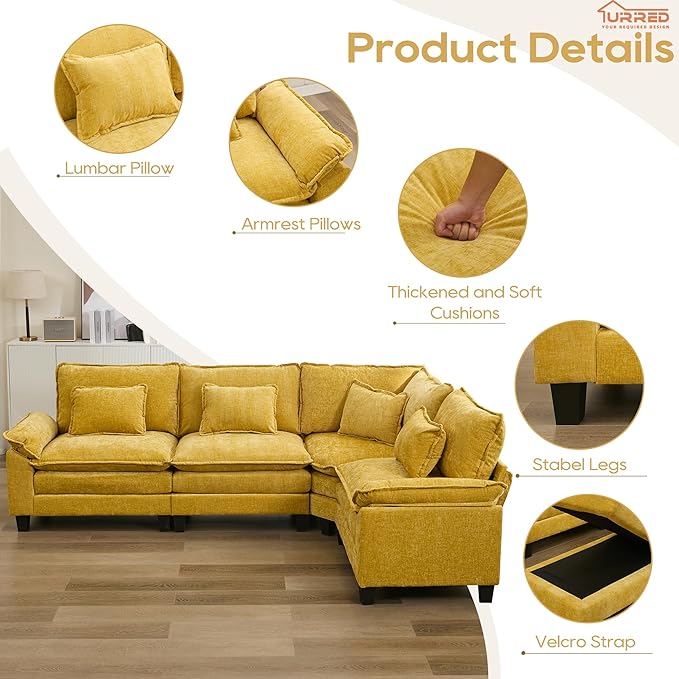 URRED Cloud Couch Modular Sectional Sofa, 116" Modern L Shaped Deep Seat Sofa with Pillows, Ultra Comfy Chenille Corner Couches for Living Room, Bedroom or Apartment, Yellow