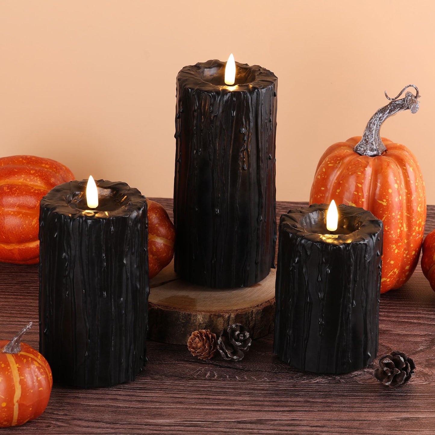Eywamage Black Dripping Wax Flameless Pillar Candles with Remote, Flickering Halloween LED Candles Battery Operated Set of 3