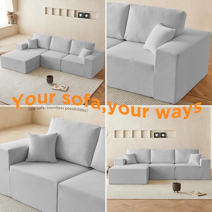 INGEROOM 108" Cloud Sectional Couch with Chaise, Modular L-Shaped Sofa, Deep Seat Comfy Corduroy Memory Foam Couch for Apartments, Dorms or Small Space, No Assembly Required, Gray