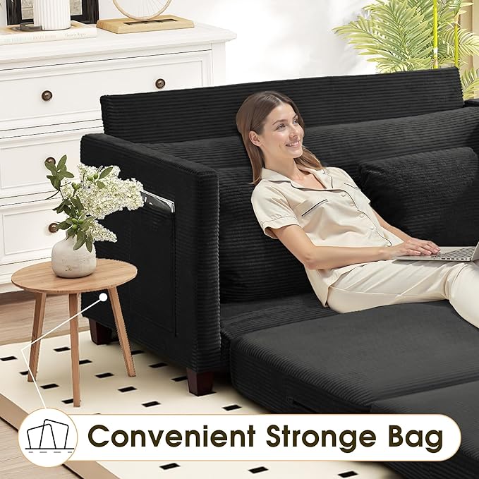 Myroyalsit 65" Convertible Loveseat Sofa Bed, 2-in-1 Folding Sofa Bed with 2 Pillow for Small Spaces, Modern Loveseat Sleeper Couch for Apartment, Living Room & Guest Room (Black Corduroy, 65 inch)