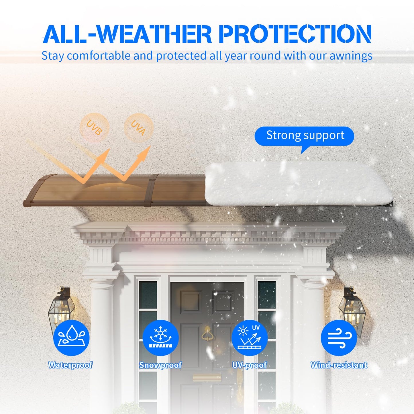 Awning for Door Entrance with Drainage Sink,32x40 Inch Awnings for Doors,Window Canopy Exterior with Plastic Steel Bracket,Polycarbonate Cover,UV,Rain,Snow Protection for House,Porch,Patio,Deck