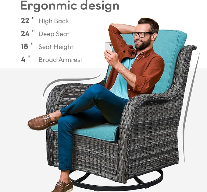 Belord Outdoor Swivel Rocker Wicker Chairs Set of 3, High Back Swivel Patio Chairs Wicker Furniture Set, 2 PCS Rattan Swivel Rocking Chair with Side Table, Turquoise
