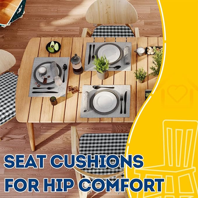 AAAAAcessories D-Shaped Chair Cushions, 2" Thick Dining Chair Pads with Ties and Removable, Machine-Washable Cover, 17" x 16", Checkered Black/White