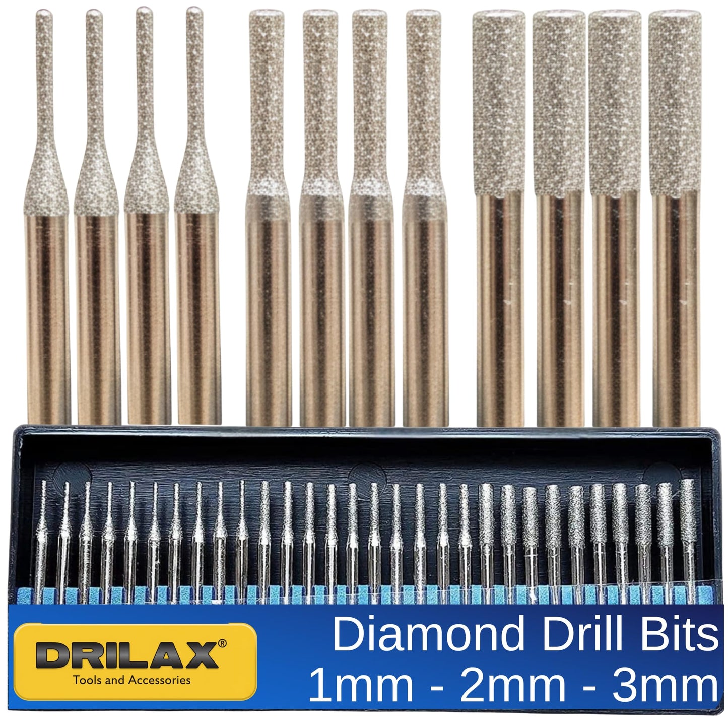 Drilax Diamond Drill Bits for Stone – 30-Piece Set (1mm, 2mm, 3mm) for Glass, Gemstones & Jewelry – 1/8-Inch Shank Compatible with Dremel Rotary Tools – Jewelry Making Supplies & Lapidary Kit